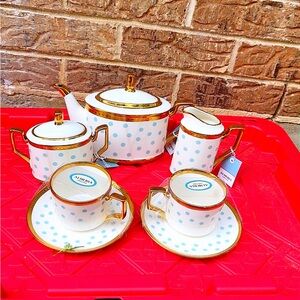 Alhambra Porcelain Tea Set with Blue Polka Dots and Gold Trim